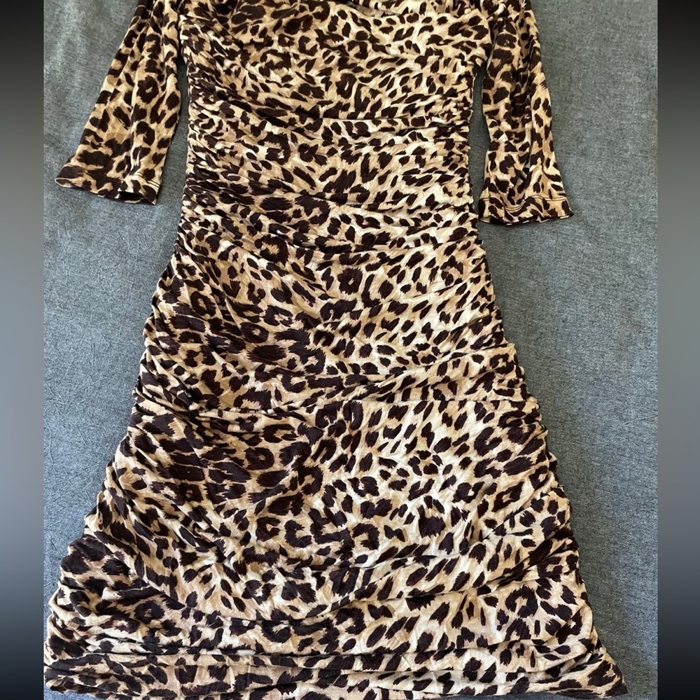 H&M Brown Leopard Print 3/4 Ruched Sleeve Dress - Picture 5 of 6